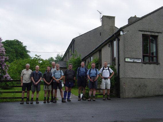 Malham youth hostel. L to R. Andy, Paul, Martin, Steve, Dave, Dick, Ian, Graham, John.